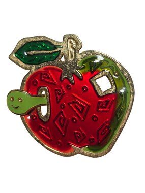 Apple Worm Enamel Pin Brooch Teacher Gift Gold Tone Backplate Fun Cartoon Design